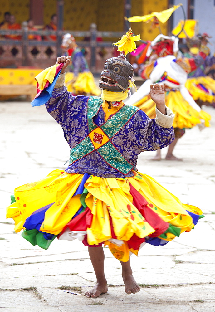 Buddhist monks performing masked dance during the Gangtey Tsechu at Gangte Goemba, Gangte, Phobjikha Valley, Bhutan, Asia