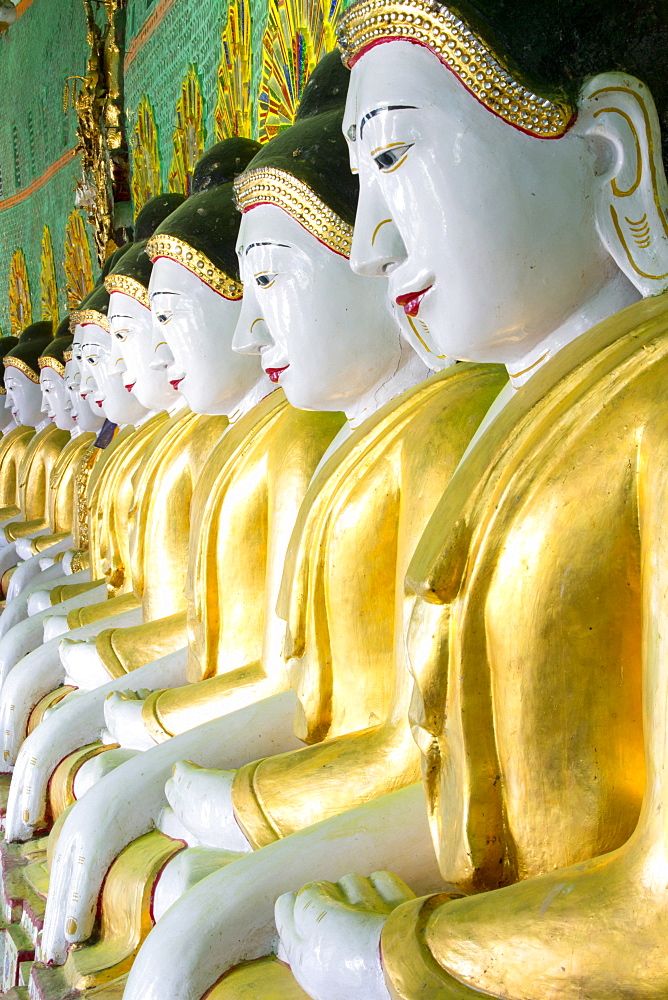 Some of the 45 Buddha images found at a crescent-shaped colonnade at Umin Thounzeh on Sagaing Hill, near Mandalay, Myanmar (Burma), Asia 