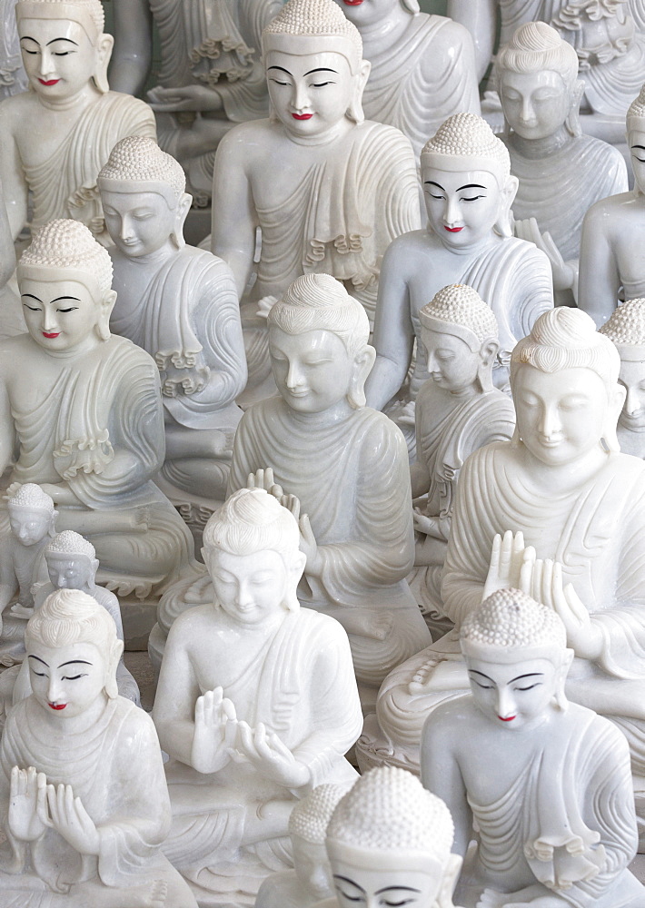 Marble Buddha images at a stone carver's in Amarapura, near Mandalay, Myanmar (Burma), Southeast Asia