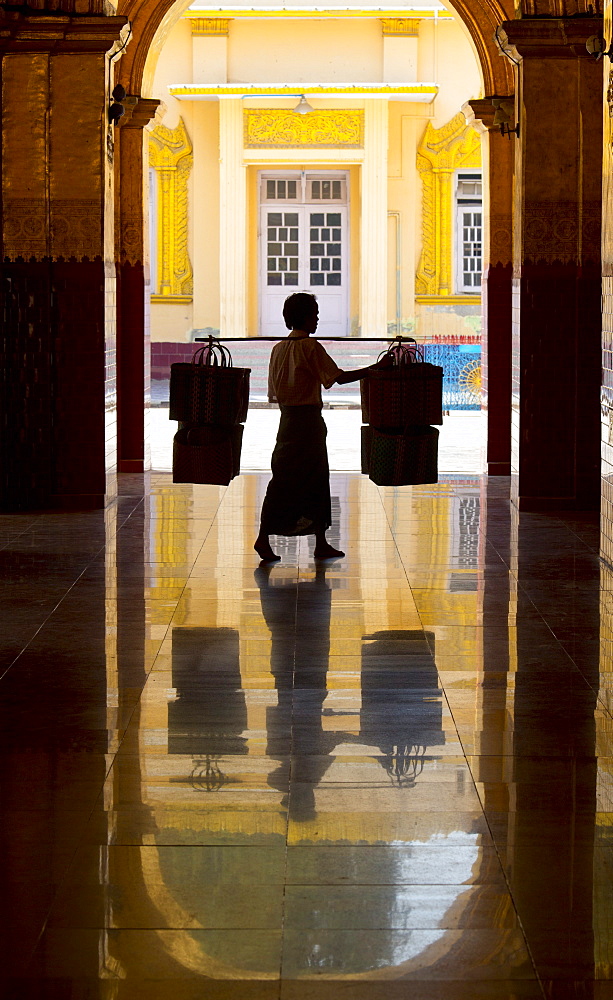 Courtyard with columns and ceiling covered in gold leaf, Mahamuni Paya, Mandalay, Myanmar (Burma), Southeast Asia