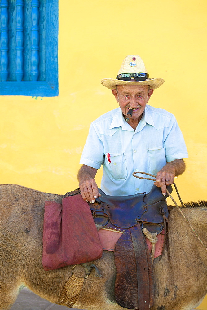 Portrait of old man wearing straw hat and smoking cigar, posing against a yellow wall with his donkey for tourist pesos, Trinidad, Cuba, West Indies, Central America