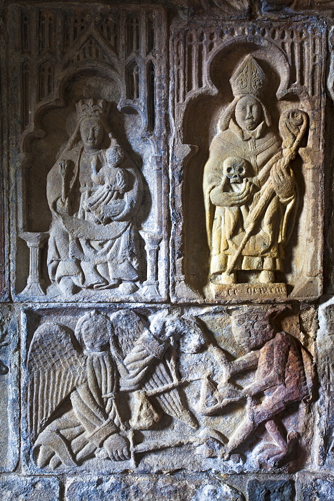 Carved detail on the stone tomb of Alasdair Crotach, one of the Chiefs of the MacLeods of Harris, inside the 15th century church of St. Clements, Rodal, Isle of Harris, Outer Hebrides, Scotland, United Kingdom, Europe 