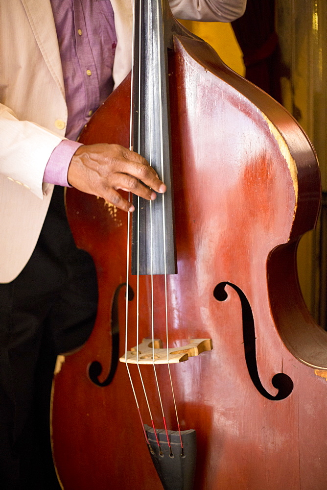 Detail of double bass being played by a local musician in Bar El Floridita, Havana, Cuba, West Indies, Central America