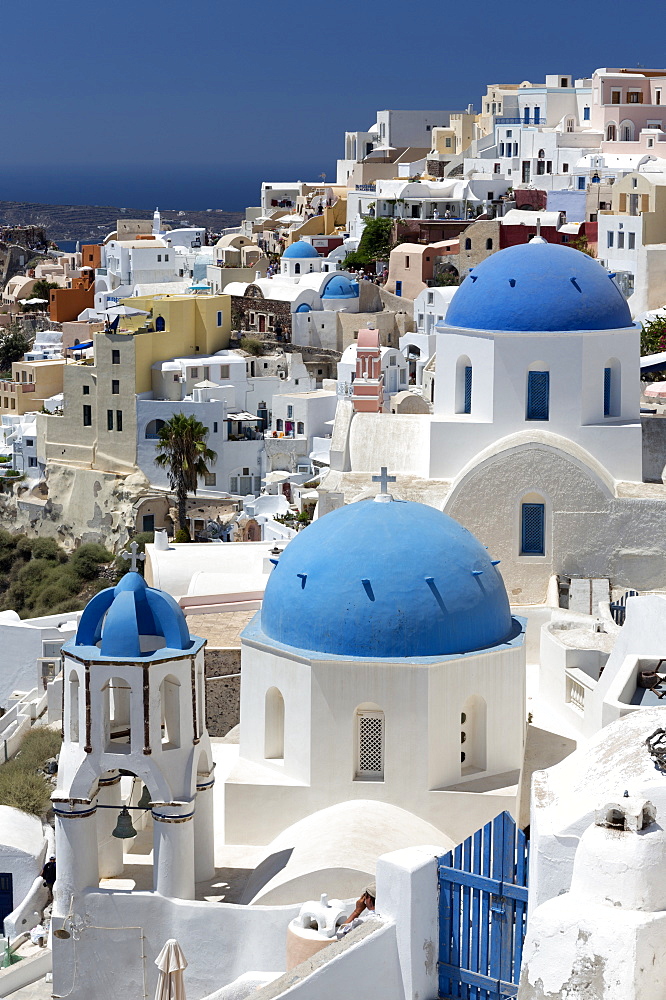 Classic view of the village of Oia with its blue domed churches and colourful houses, Oia, Santorini, Cyclades, Greek Islands, Greece, Europe