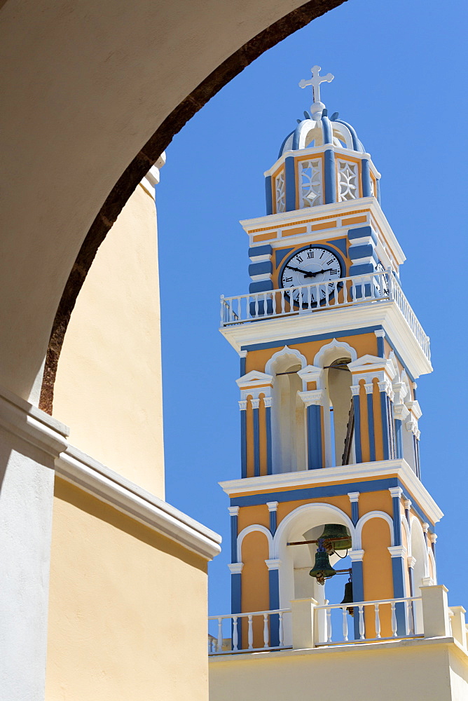 Belltower of the Catholic Cathedral Church of St. John the Baptist, Fira, Santorini, Cyclades, Greek Islands, Greece, Europe