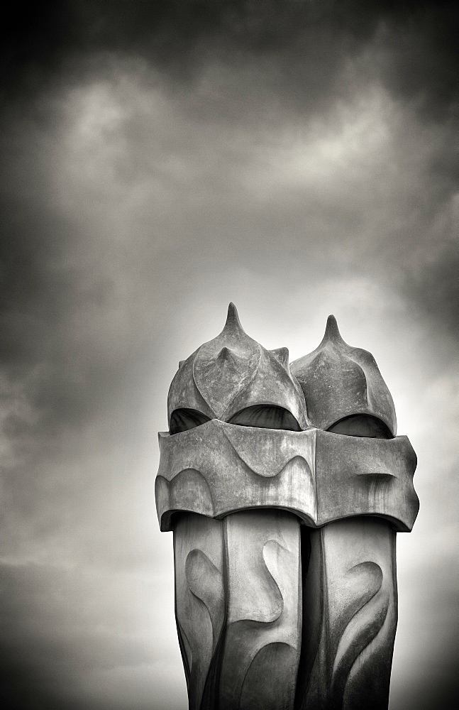 Gaudi chimneys on roof of Casa Mila (La Pedrera), UNESCO World Heritage Site, Barcelona, Catalonia, Spain, Europe