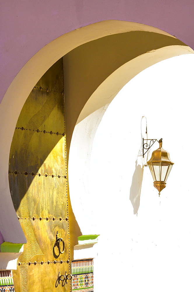 Archway, golden door and lantern at entrance to Mosque in the Kasbah, Marrakech, Morocco, North Africa, Africa