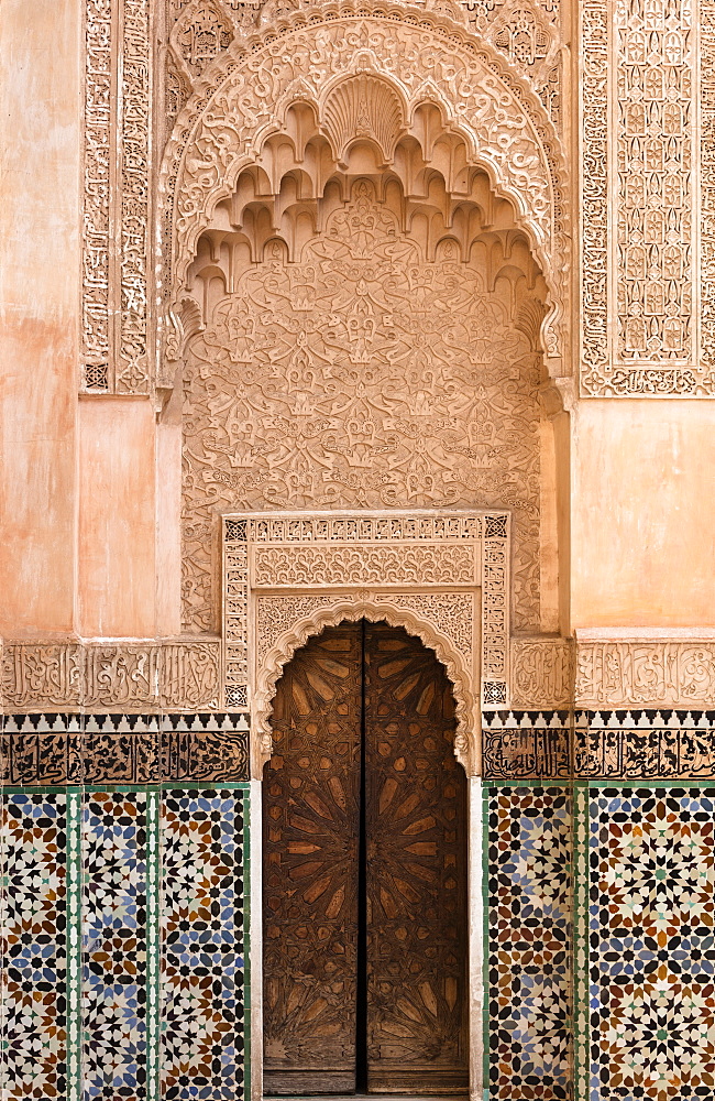 Wall of Ben Youssef Madrasa (ancient Islamic college), UNESCO World Heritage Site, Marrakech, Morocco, North Africa, Africa