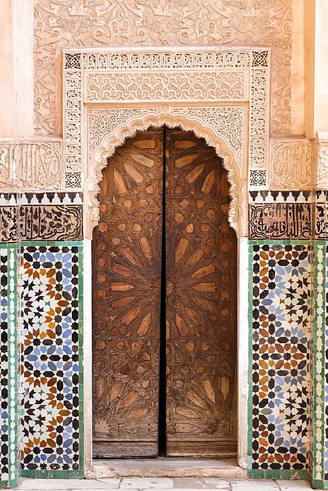 Wall of Ben Youssef Madrasa (ancient Islamic college), UNESCO World Heritage Site, Marrakech, Morocco, North Africa, Africa