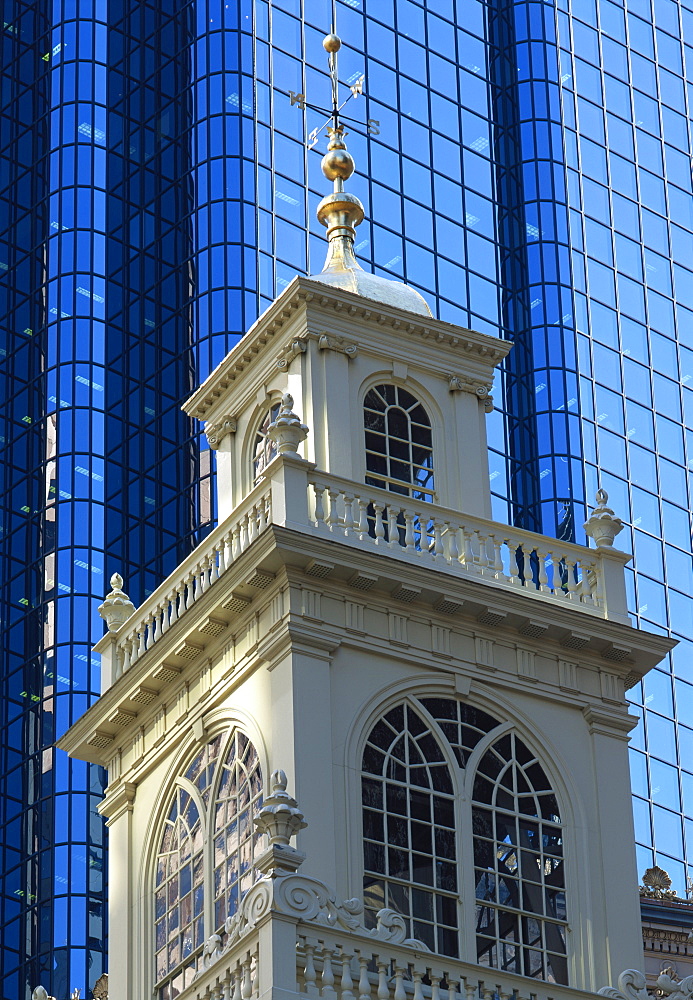 Contrasting church tower and modern office building, Boston, Massachusetts, New England, United States of America, North America