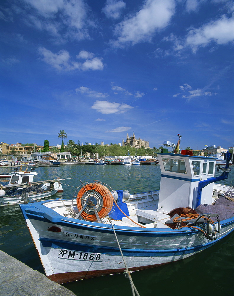 Fishing boat and the cathedral of Palma in the background, on Majorca, Balearic Islands, Spain, Mediterranean, Europe