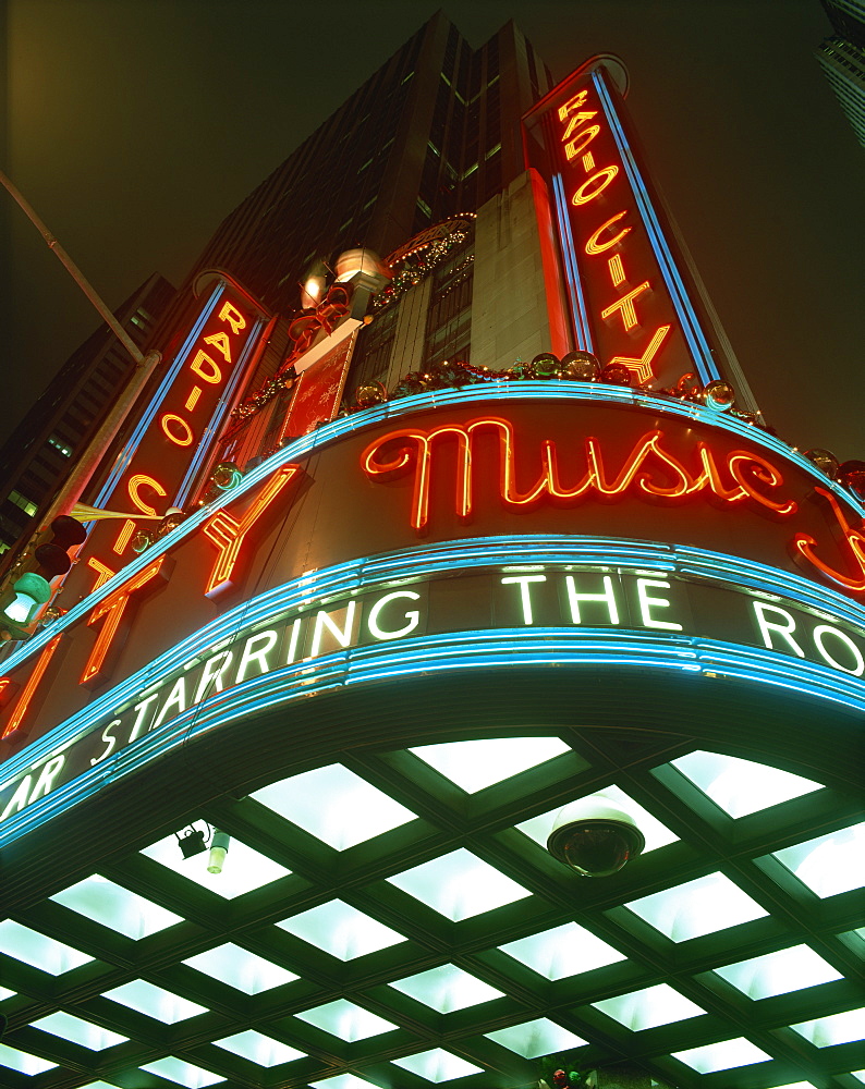 Radio City Music Hall illuminated at night, Manhattan, New York City, United States of America, North America