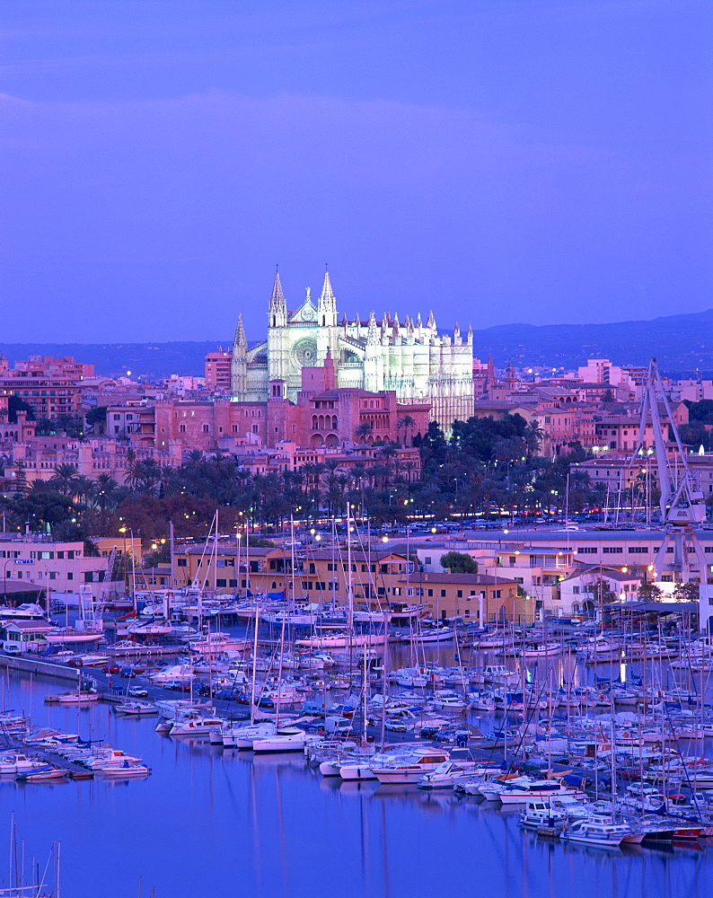 Boats in the marina at dusk with the cathedral of Palma on the skyline, Majorca, Balearic Islands, Spain, Mediterranean, Europe