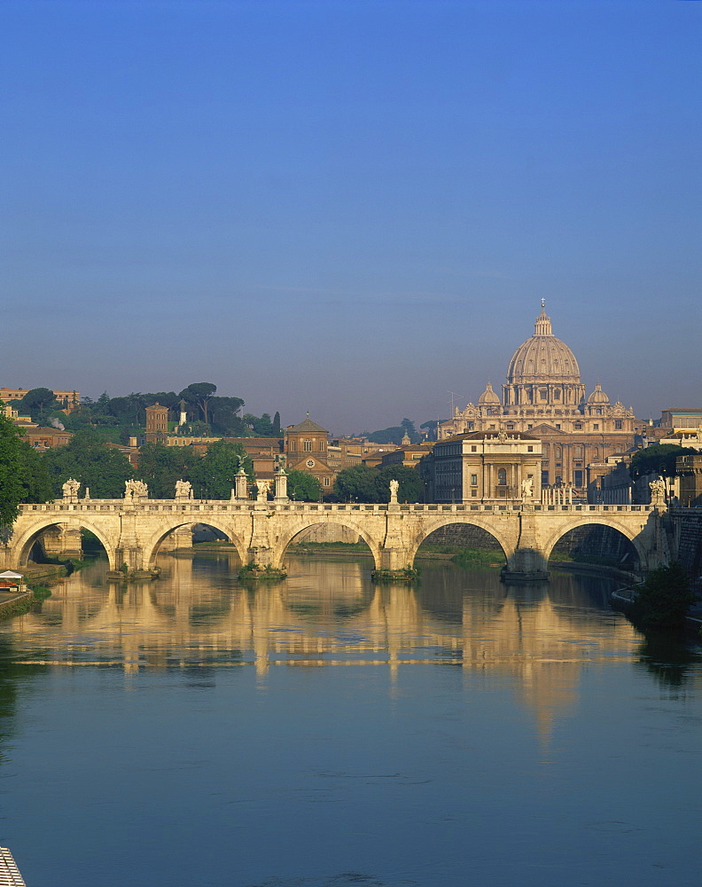 The dome of St. Peter's Basilica and bridge over the River Tevere, The Vatican, Rome, Lazio, Italy, Europe