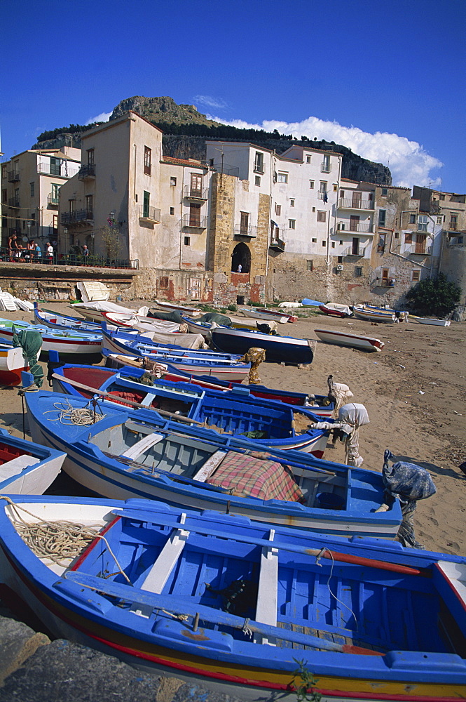 Small boats in the fishing harbour of Cefalu, on the island of Sicily, Italy,Europe