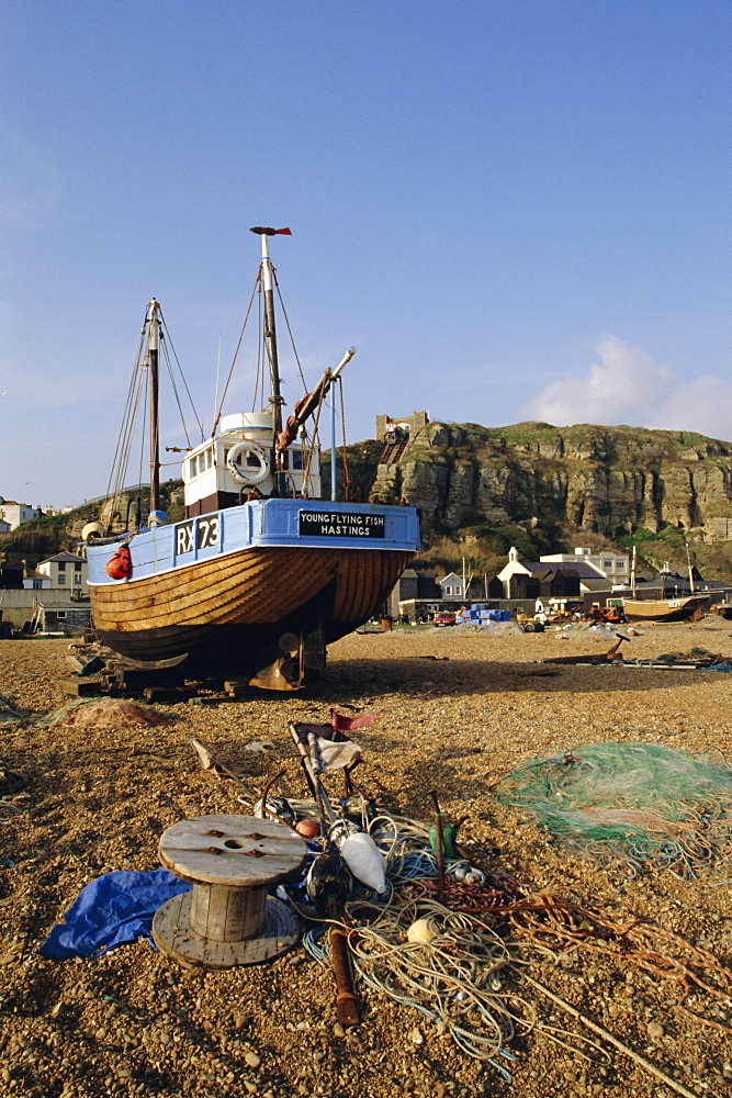 Boat on the beach at Hastings, East Sussex, England, UK, Europe