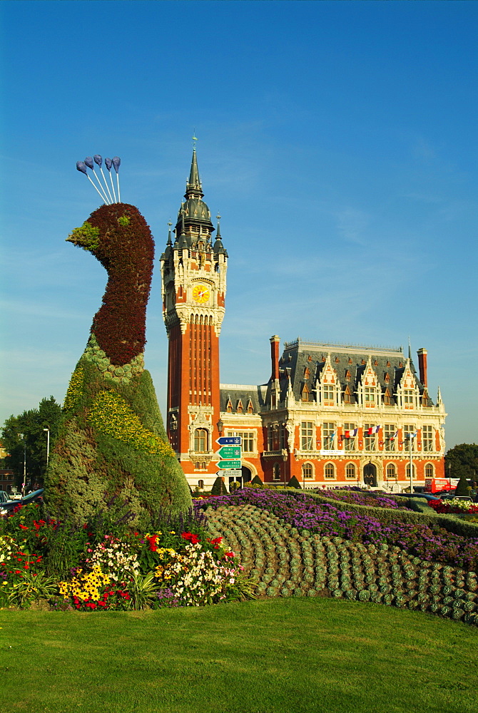 France, Pas-de-Calais, Calais, townhall with peacock topiary