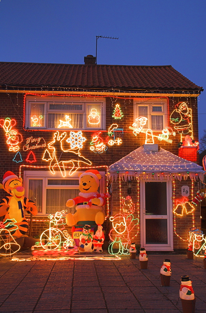 Suburban house with Christmas lights and decorations, Surrey, England, United Kingdom, Europe