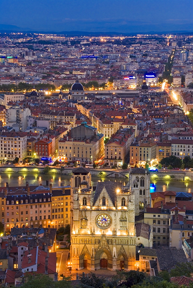 Cityscape, River Saone and cathedral St. Jean at night, Lyons (Lyon), Rhone, France, Europe