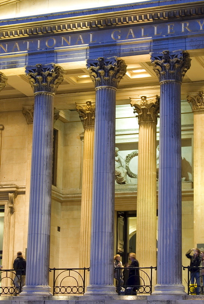 National Gallery at dusk, Trafalgar Square, London, England, United Kingdom, Europe