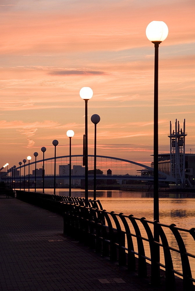 Lowry footbridge and canal in the evening, Salford, Manchester, England, United Kingdom, Europe