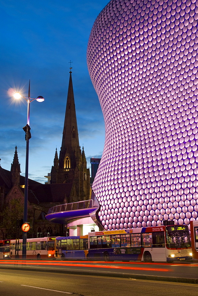 Selfridges and St. Martins church at dusk, Birmingham, England, United Kingdom, Europe