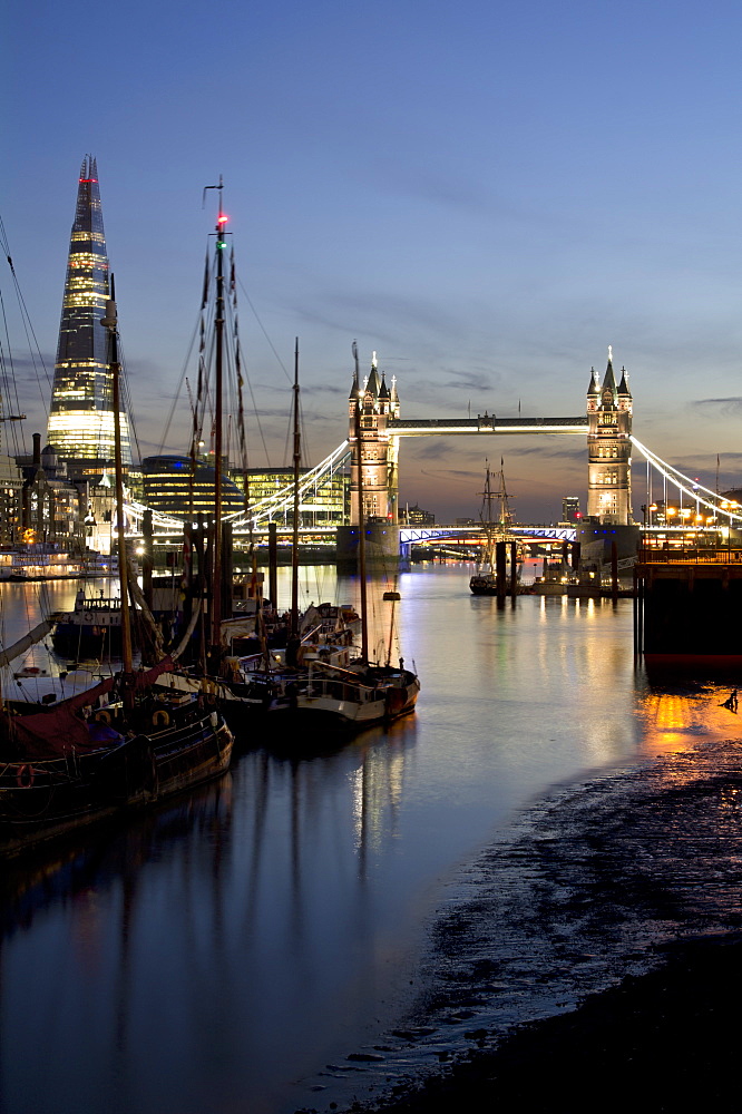 Shard with Tower Bridge at dusk, London, England, United Kingdom, Europe