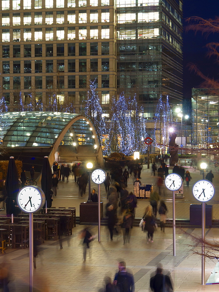 Station clocks, Canary Wharf, Docklands, London, England, United Kingdom, Europe