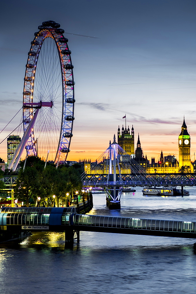 Millennium Wheel (London Eye), River Thames and Big Ben skyline at twilight, London, England, United Kingdom, Europe