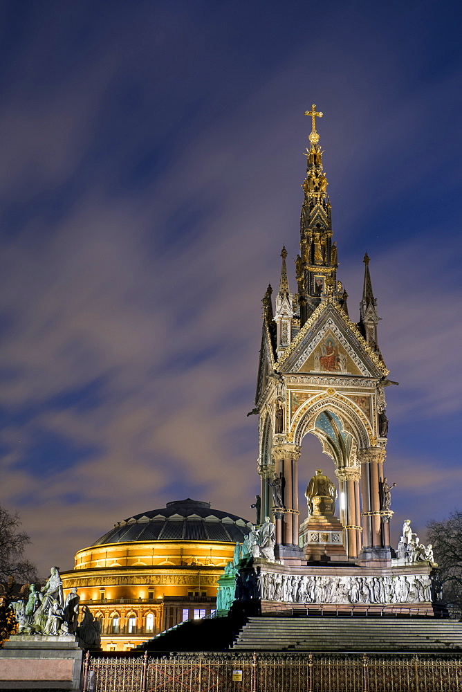 Albert Memorial and Albert Hall at dusk, Kensington, London, England, United Kingdom, Europe