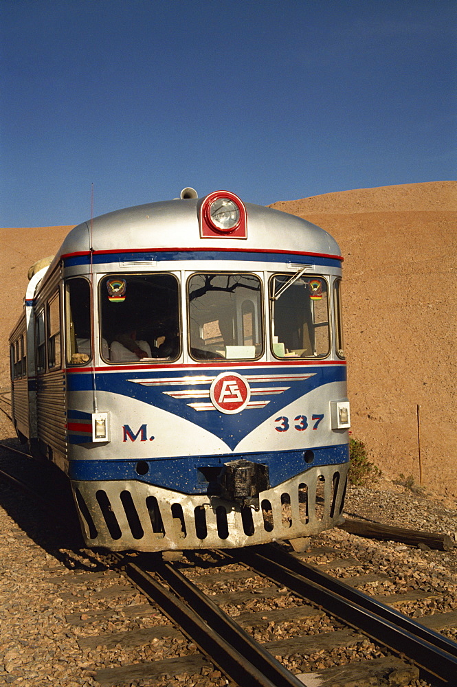 Close-up of the engine of the Bolivian Railways Ferrobus on the border of Bolivia and Chile, South America