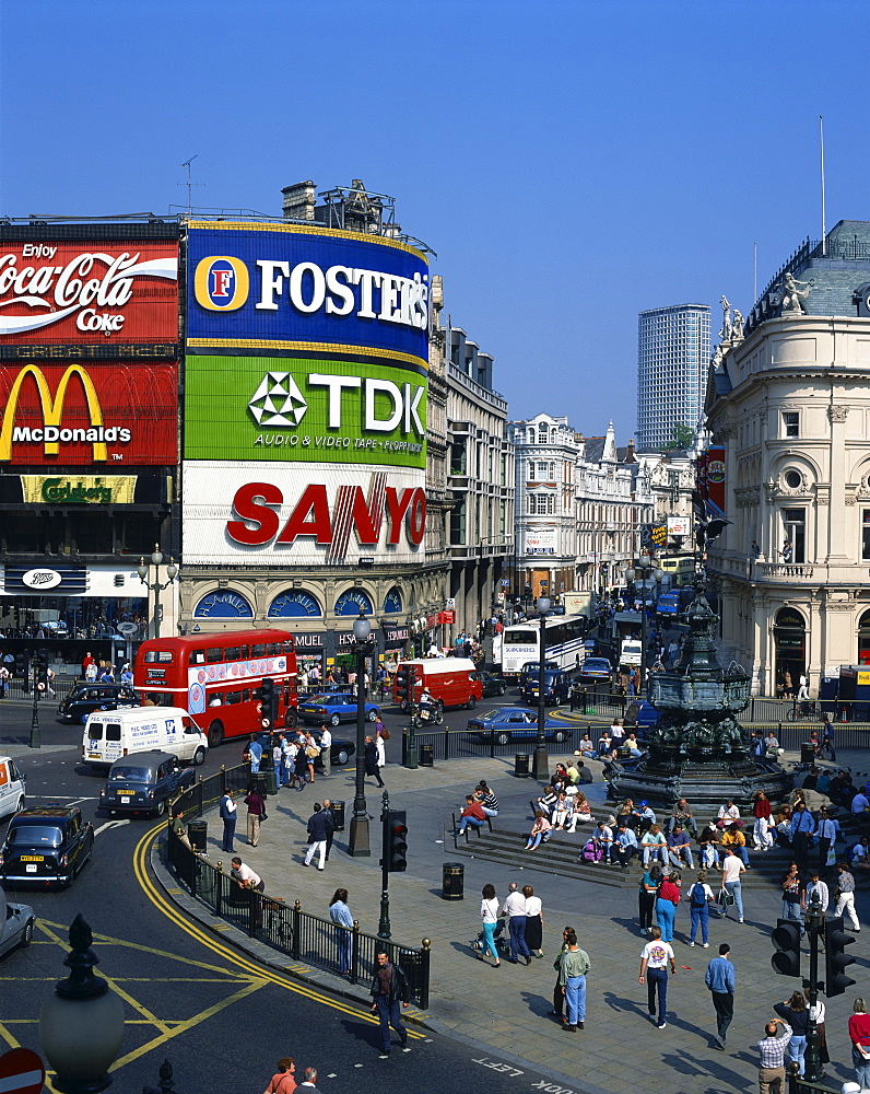 Aerial view over Piccadilly Circus, including the statue of Eros, the Greek God of Love, erected in 1892 in memory of the Earl of Shaftesbury, London, England, United Kingdom, Europe