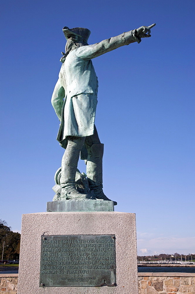 Statue of Jean-Baptiste Donatien de Vimeur, Comte de Rochambeau, overlooking Newport harbor, Rhode Island, New England, United States of America, North America