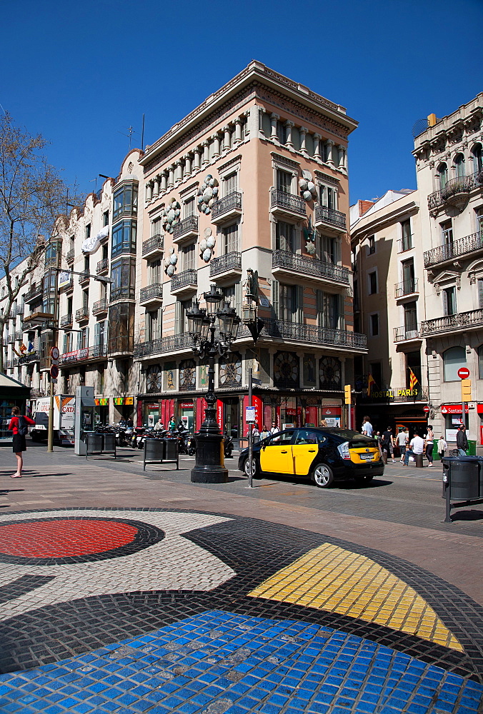 Pavement mosaic by Joan Miro on Las Ramblas, Barcelona, Catalonia, Spain, Europe