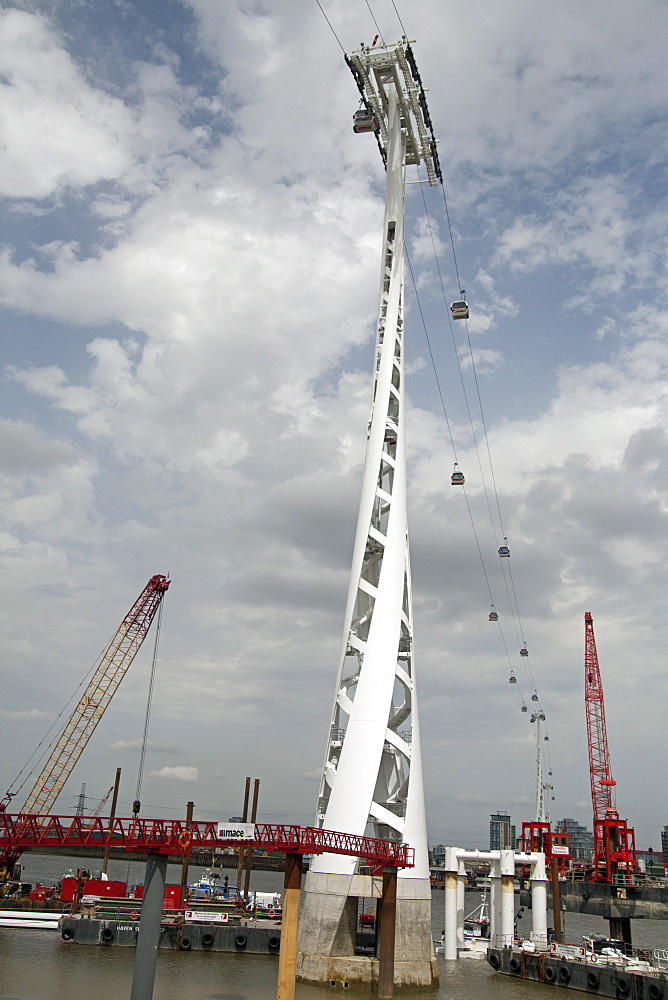 View of cable car pillar during the launch of the Emirates Air Line, London, England, United Kingdom, Europe