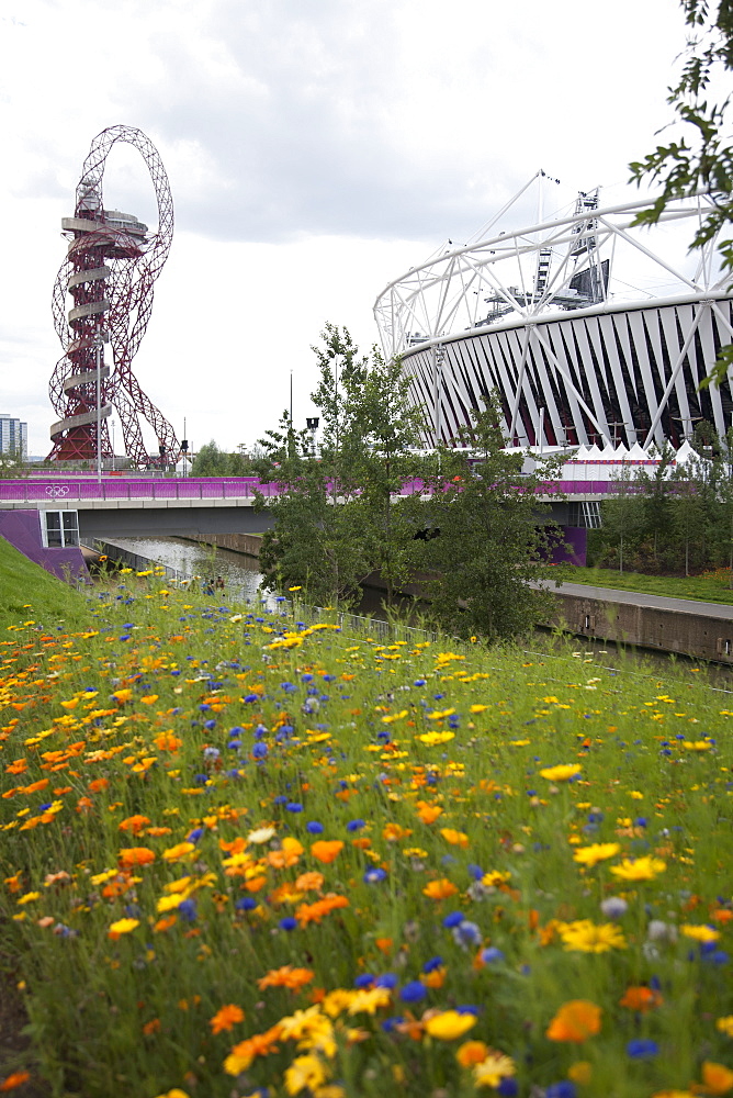 View of the 2012 Olympic Stadium and the ArcelorMittal Orbit at the Olympic Park, Stratford, London, England, United Kingdom