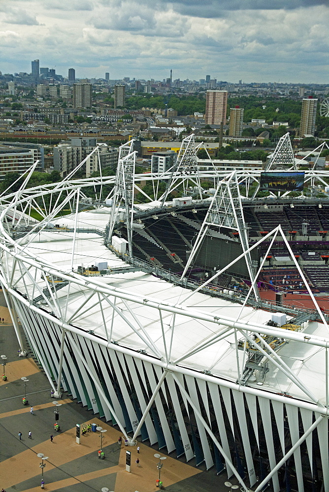 Aerial view of the Olympic Stadium from the Orbit showing interior of the stadium, Stratford, London, England, United Kingdom, Europe