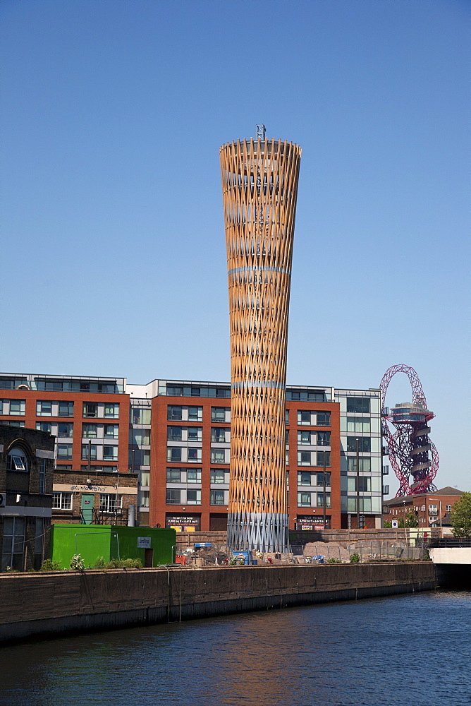 View of the Strand East Tower at Dane's Yard showing the ArcelorMittal Orbit in background, Stratford, East London, London, England, United Kingdom, Europe