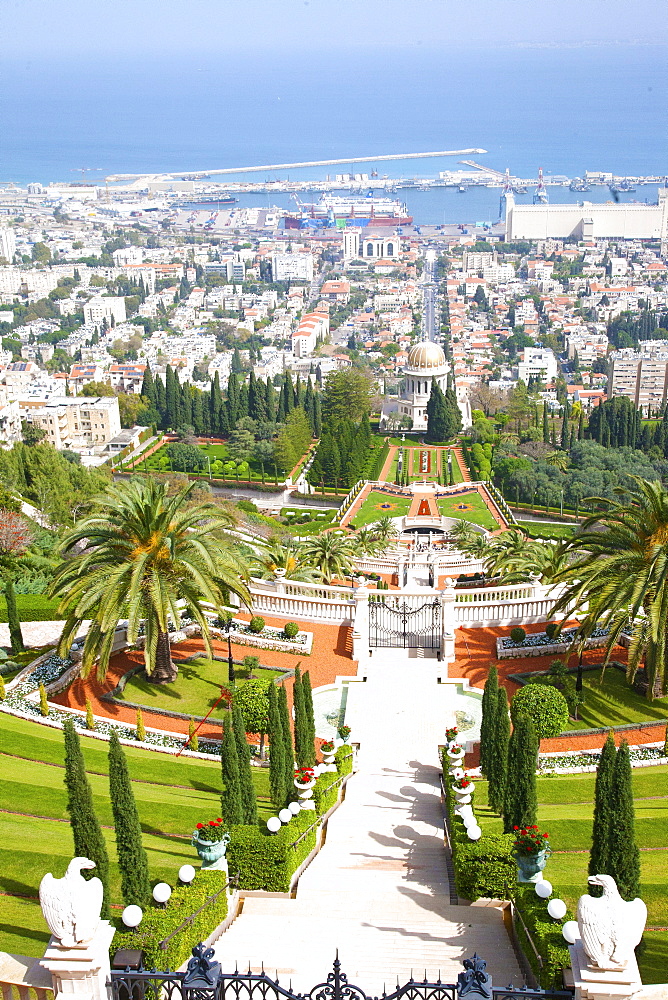 View of Haifa from the top of Mount Carmel showing the Port of Haifa in the distance, Haifa, Israel, Middle East