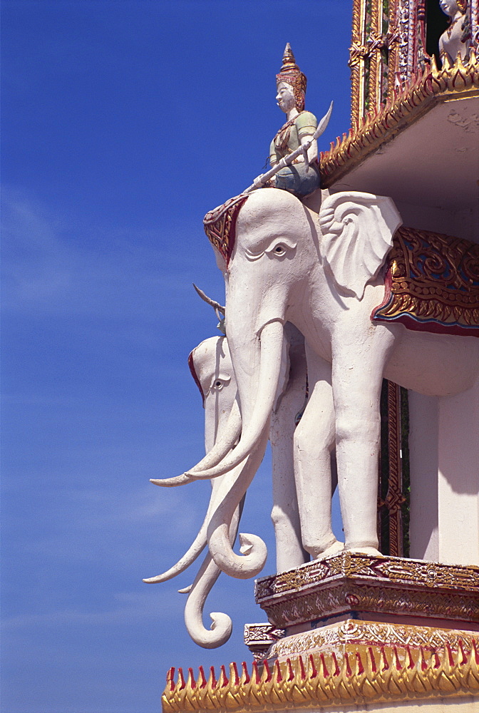 Statues of elephants and rider on the temple at Wat Tham Sua near Kanchanaburi, Thailand, Southeast Asia, Asia