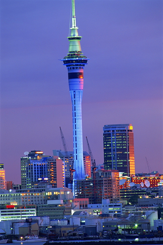 Sky Tower and city skyline at dusk, Auckland, North Island, New Zealand, Pacific