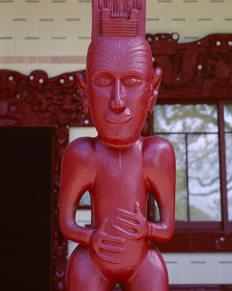 Close-up of statue in entrance to Maori Meeting House (Whara runanga in Maori language), Waitangi National Reserve, Waitangi, Bay of Islands, Northland, North Island, New Zealand, Pacific