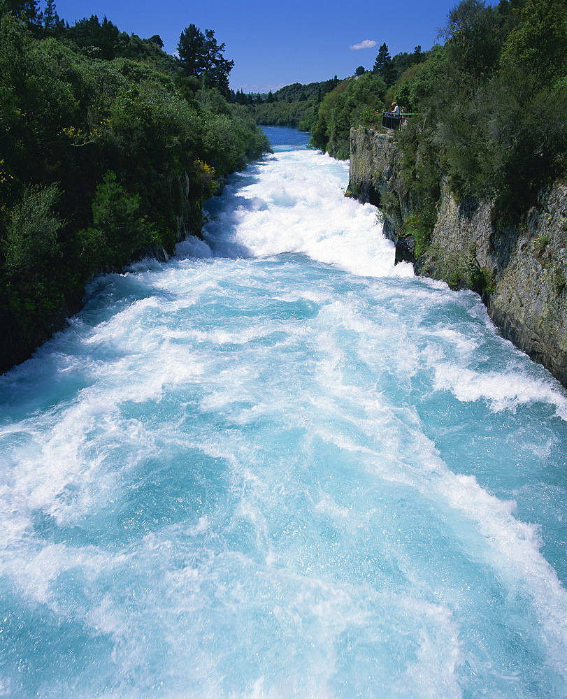 Hukanui, the Huka Falls on the Waikato River, 10m, 62,000 gallons per second at peak times, in the North Island of New Zealand, Pacific