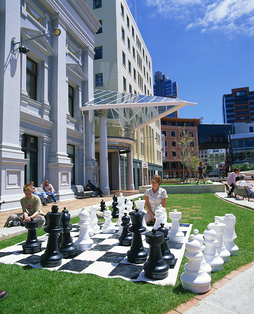 Giant chess pieces in front of the Wellington City Corp Building in Civic Square, Wellington, North Island, New Zealand, Pacific