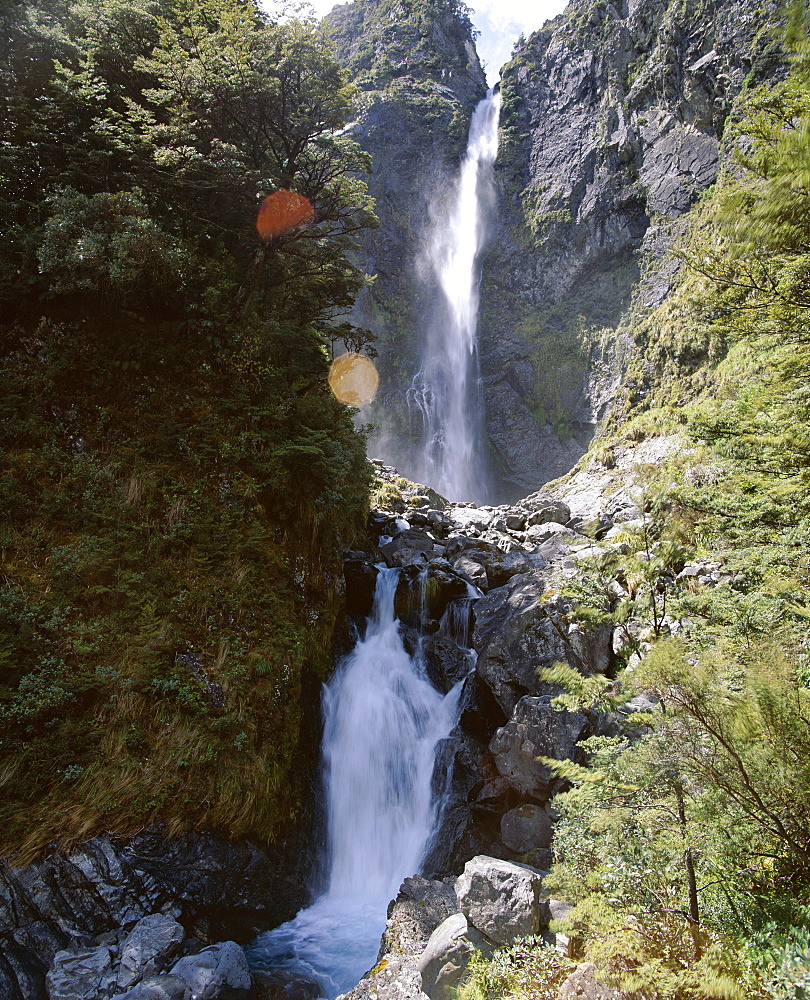 Devils Punchbowl Falls, 131m high, on walking track in mountain beech forest, Arthur's Pass National Park, Southern Alps, Westland, South Island, New Zealand, Pacific