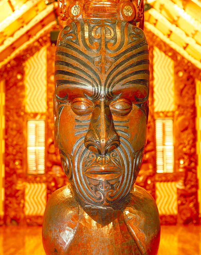 Maori statue with 'Moko' facial tattoo, New Zealand, Pacific