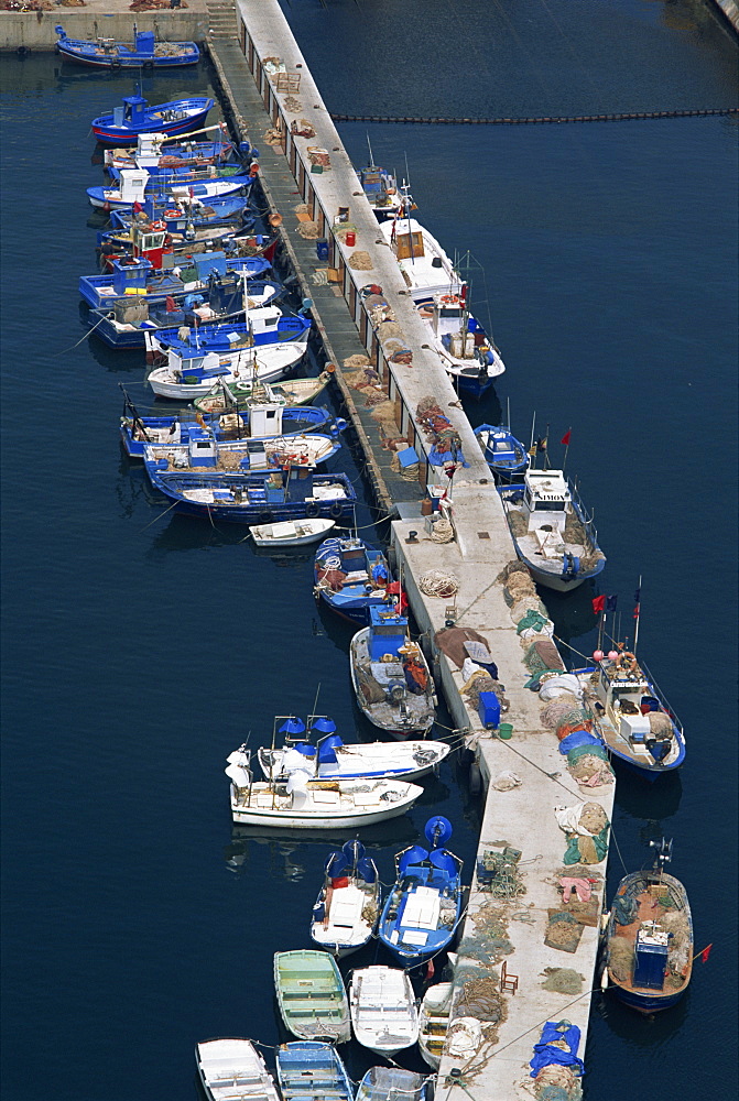 Aerial view of commercial fishing boats in the main harbour at Port Vell, in Barcelona, the Catalan capital, Spain, Europe