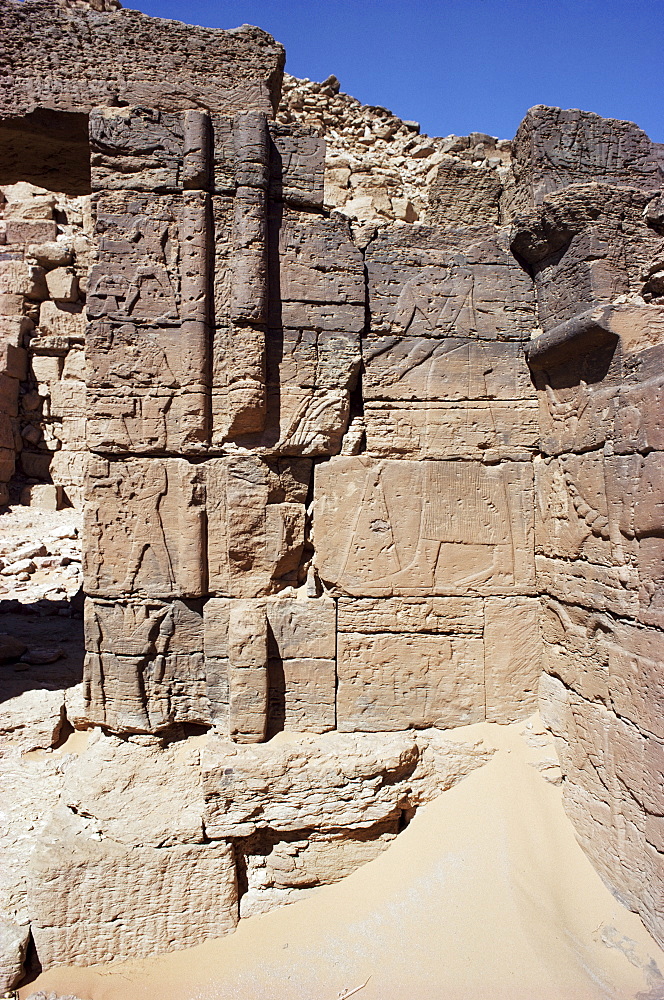 Pyramid with rock carvings, Meroe, Sudan, Africa