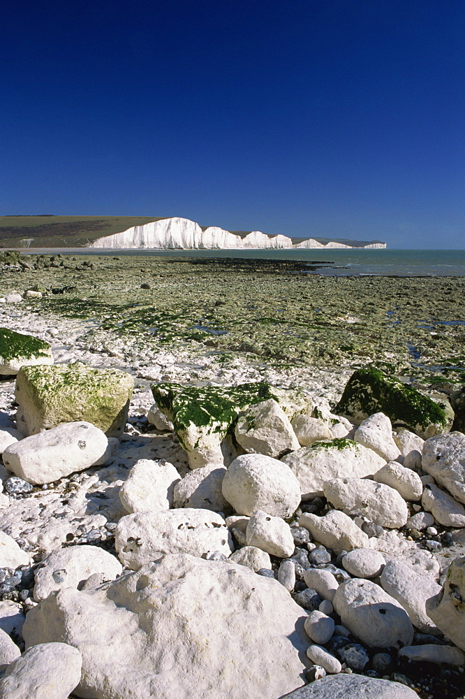 View to the Seven Sisters from beach below Seaford Head, East Sussex, England, United Kingdom, Europe