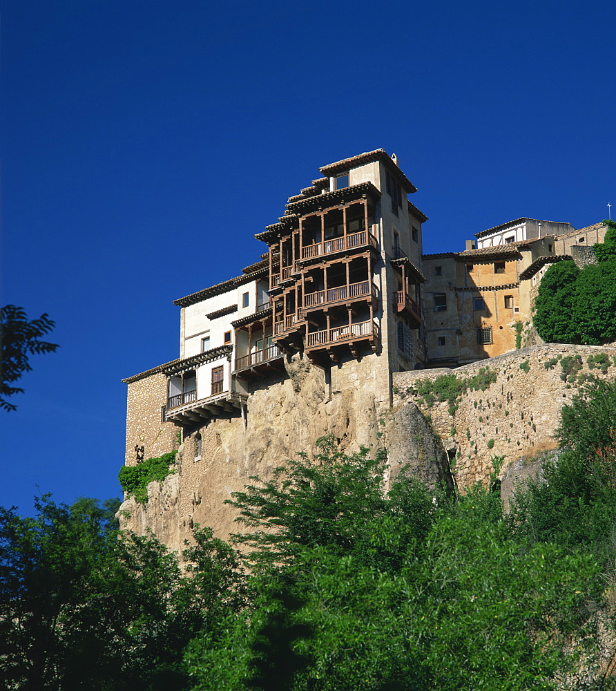 The Casas Colgadas, or hanging houses viewed from below, at Guenca, Castilla La Mancha, Spain, Europe